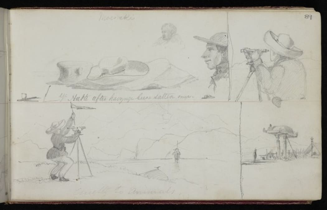 Drawings by Walter Mantell of an early surveyor at work. Titled: Moeraki. Ye hatte after havynge beene satten onne. Cruelty to animals, October 1848