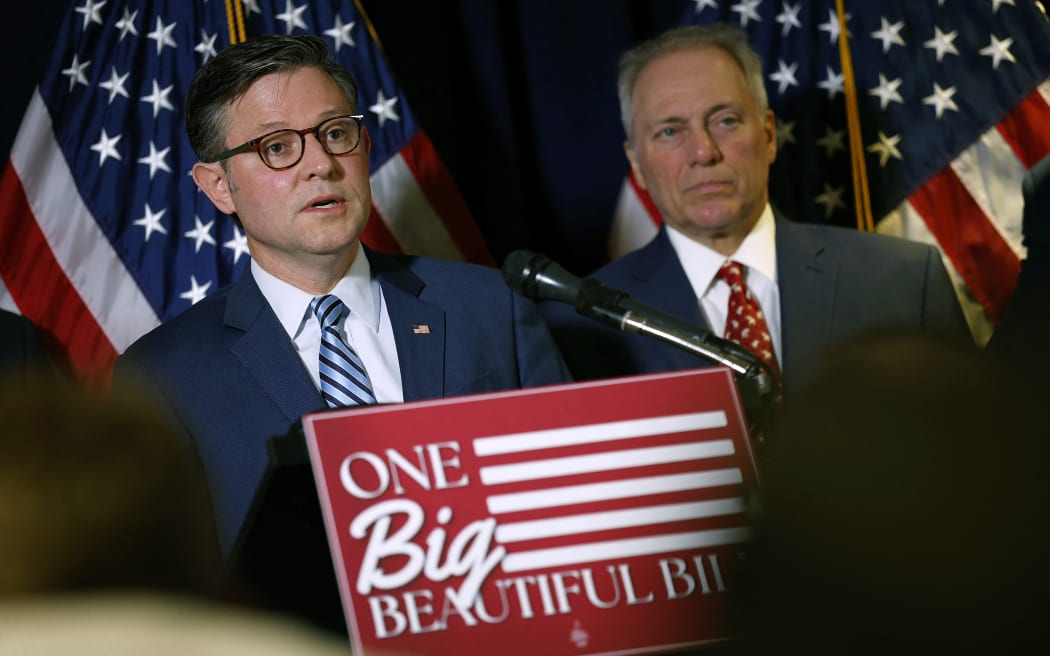 WASHINGTON, DC - JULY 15: U.S. Speaker of the House Mike Johnson (R-LA), joined by House Majority Leader Steve Scalise (R-NC), speaks at a press conference following a House Republican conference meeting on Capitol Hill on July 15, 2025 in Washington, DC. The Republican leadership highlighted the passage of the One, Big, Beautiful Bill Act, President Trump's signature tax and spending bill.   Kevin Dietsch/Getty Images/AFP (Photo by Kevin Dietsch / GETTY IMAGES NORTH AMERICA / Getty Images via AFP)