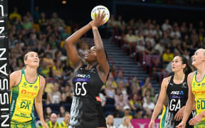 Grace Nweke of New Zealand shoots for goal during the Constellation Cup 2023 netball match