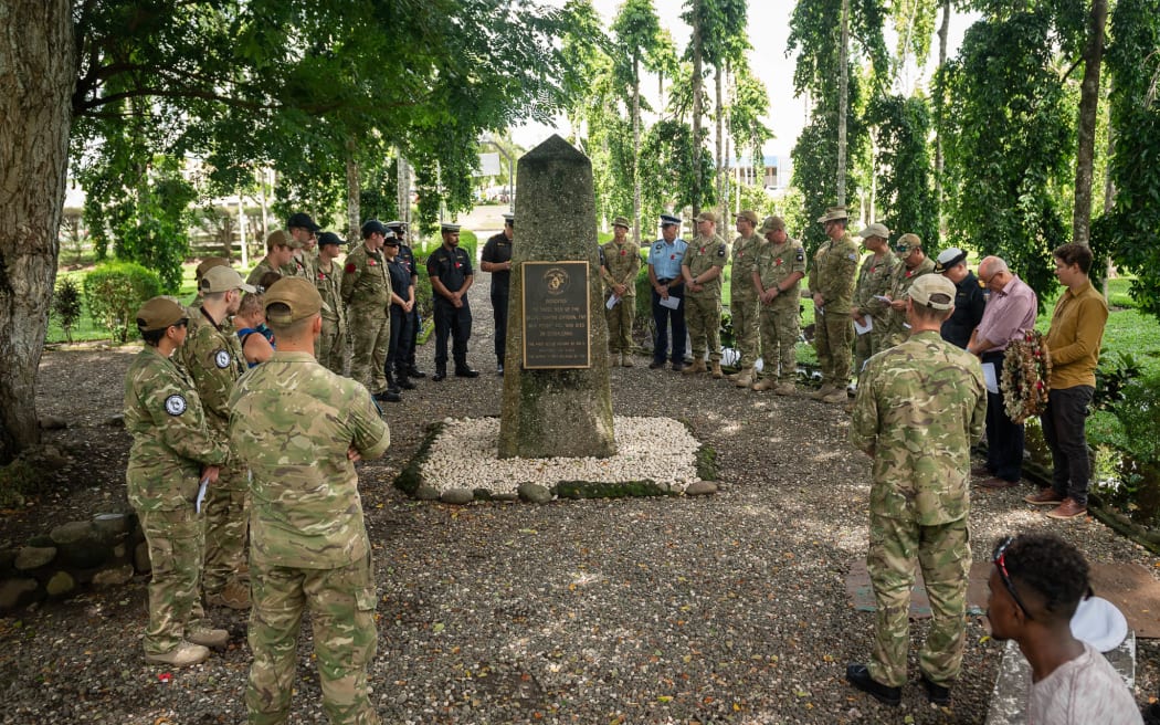 Members from NZDF, ADF and various other organisations pay tribute to fallen soldiers of world war 2 at the commemoration of the Moa sinking. The memorial took place in Honiara, Soloman Islands during Op Moa 2024
