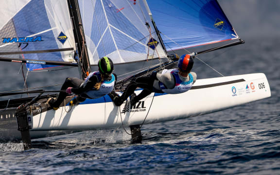 Gemma Jones and Jason Saunders competing in the Nacra 17 class at the World Cup series in Genoa.