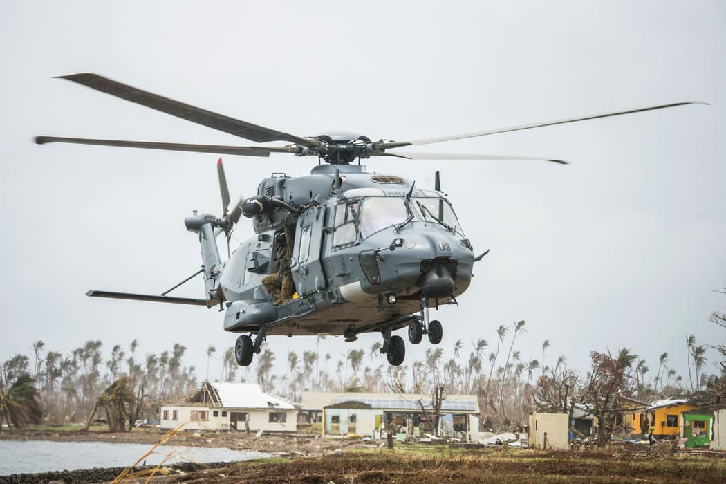A Royal New Zeland Air Force helicopter landing in Fiji during the cyclone that hit in March.