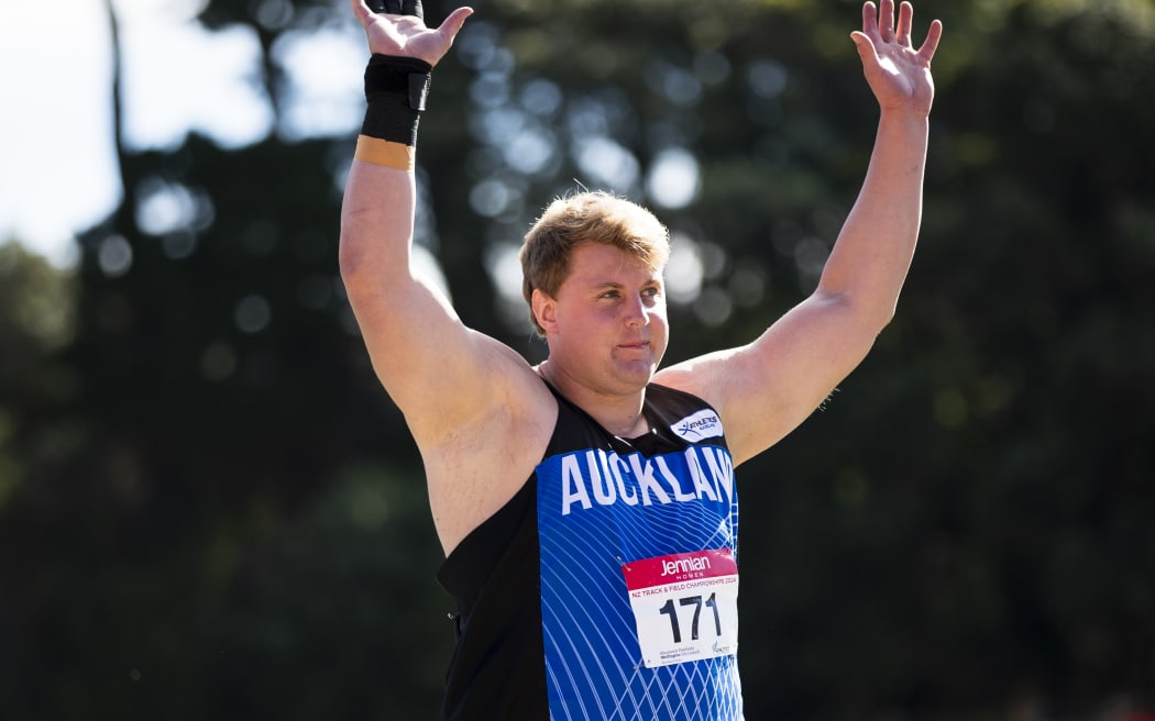 Jacko Gill defended his shot put title at the national championships in Wellington, pipping Tom Walsh for the second straight year. Newtown Park, Wellington, Sat 16th March 2024. Photo supplied.