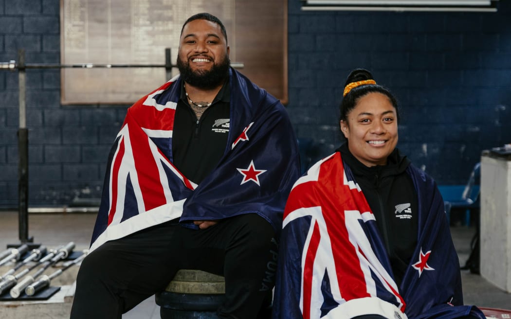 Flagbearers for the New Zealand team at the 2025 Pacific Mini Games David Liti and Tui-Alofa Patolo