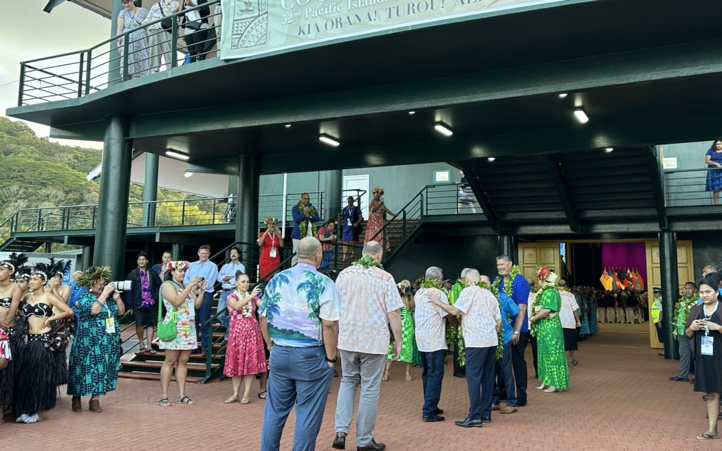 Leaders arriving and greeted by the Cook Islands PM and Forum chair Mark Brown at the opening ceremony of the 52nd Pacific Islands Leaders Meeting in Rarotonga. 6 November 2023.