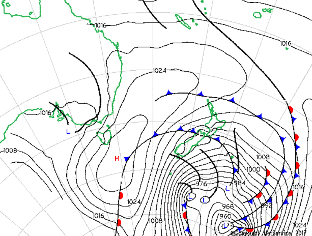 The outlook for midnight on Friday showing the weather system moving across the South Island.
