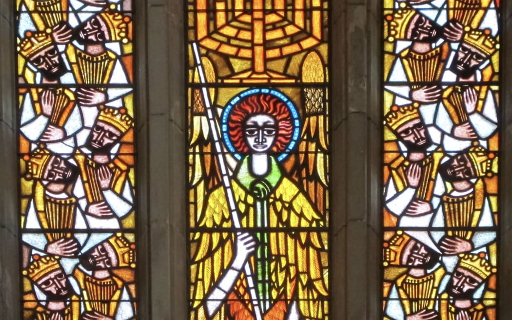 Stained glass image of angel