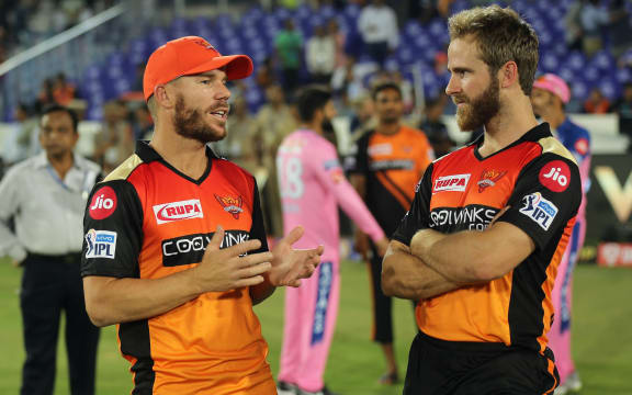David Warner of Sunrisers Hyderabad  and Kane Williamson captain of Sunrisers Hyderabad  after the match 8 of the Indian Premier League Season 12.