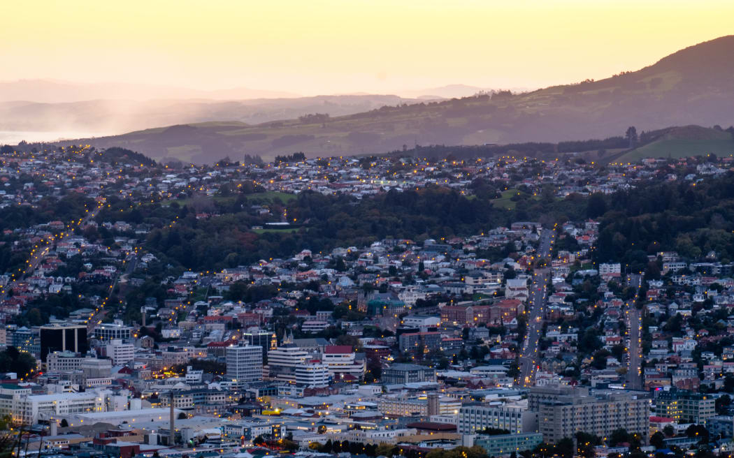 Beautiful cityscape after sunset. Nightlight. Dunedin, New Zealand.