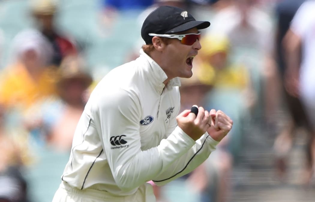Martin Guptill celebrates taking a catch to dismiss Adam Voges, Adelaide, 2015.