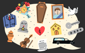 Stylised illustration of funeral related images in a speech bubble