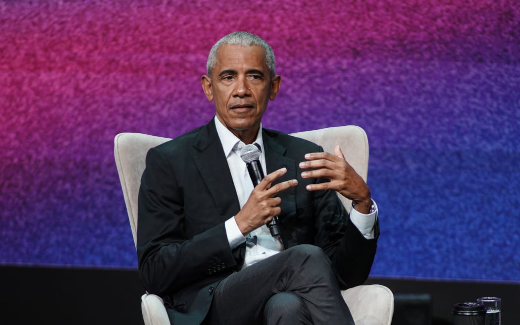 The former President of the United States of America Barack Obama participates in conversation with Andreas Drakopoulos as part of the SNF Nostos Conference 2023, in Athens, Greece, on 22 June, 2023. (Photo by Menelaos Myrillas / SOOC / SOOC via AFP)