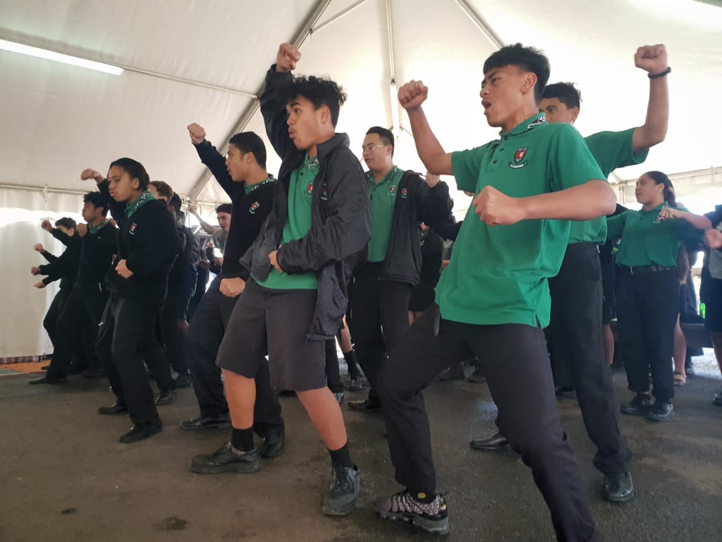 Students from Aorere College peform a haka at Ihumatao.