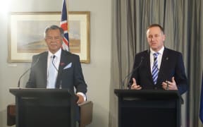 Cook Islands Prime Minister, Henry Puna, and New Zealand Prime Minister, John Key, hold a press conference in Government House in Auckland.