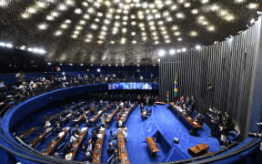 Overview of the Senate session during a debate of a vote on suspending President Dilma Rousseff.