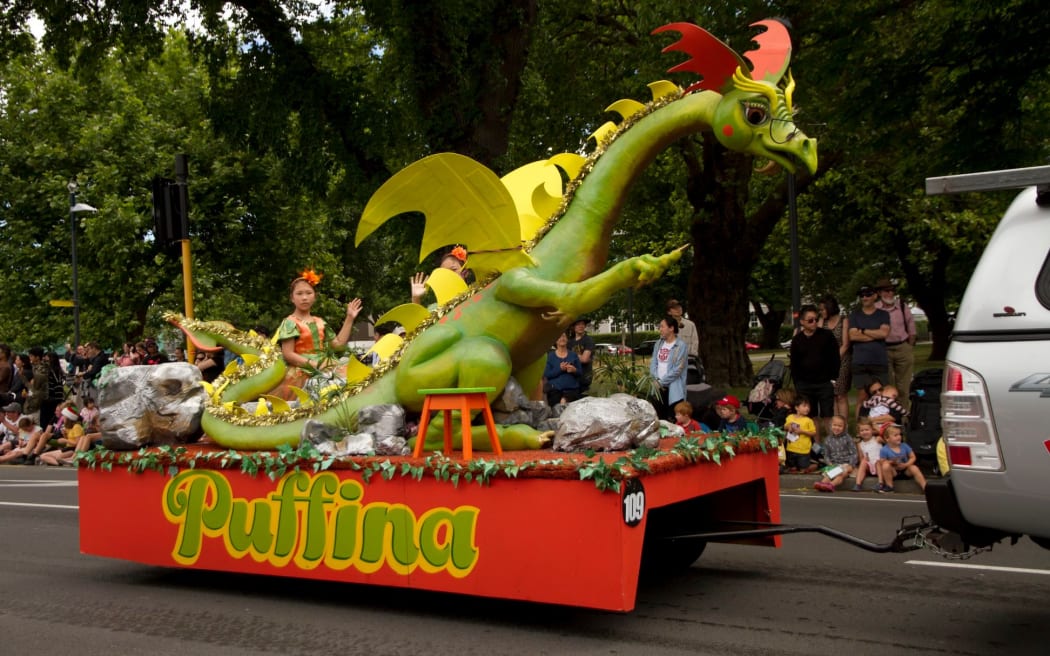 Floats entertain the crowds at earlier Christchurch Christmas Show parades.