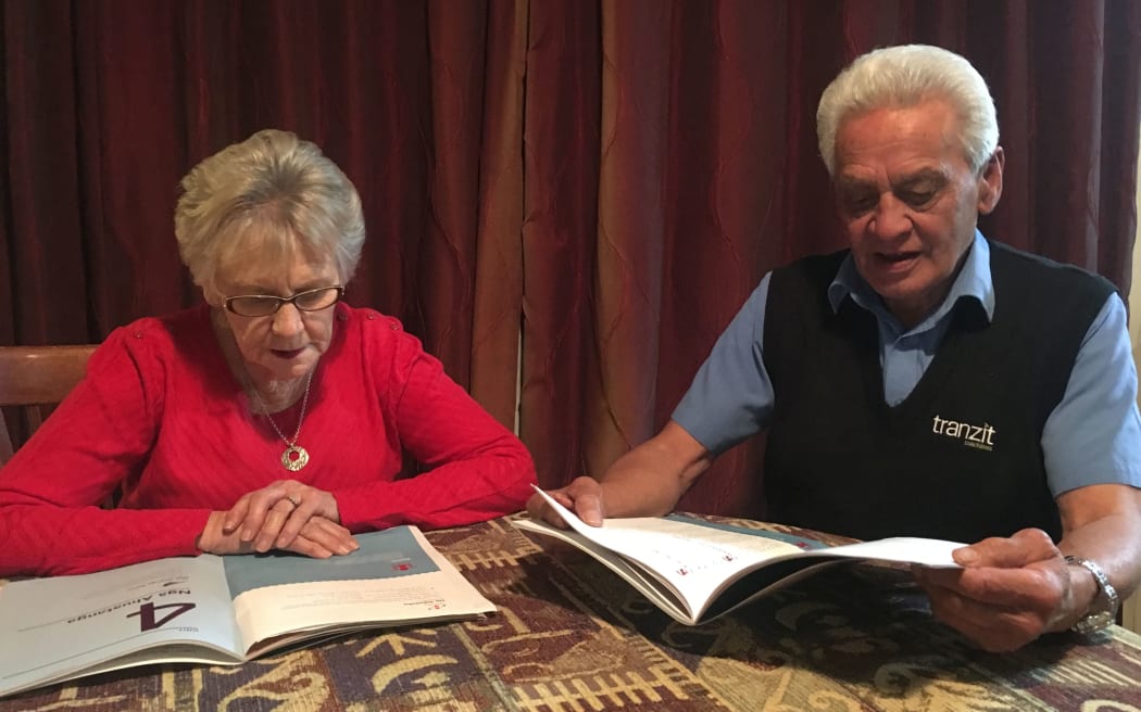 Kaumātua Gillian Rutene and Ronald Rutene, who never learned te reo Māori in school or at home, study together.