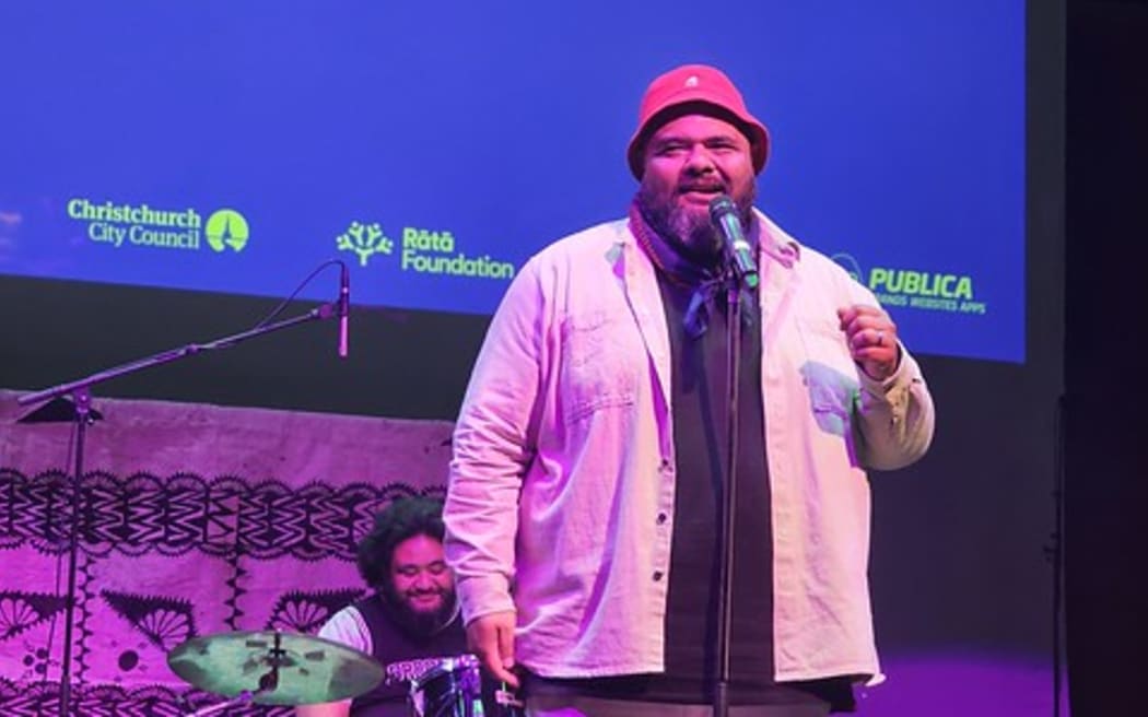 Dietrich Soakai performing spoken word poetry in Christchurch.