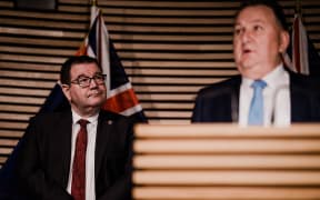 Infrastructure Minister Shane Jones and Minister of Finance Grant Robertson revealing the details on the $3 billion infrastructure spend on 1 July, 2020.
