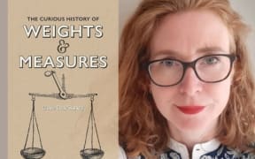 Composite imagor of Clare Cock-Starkey and her book 'The Curious History of Weights and Measures'