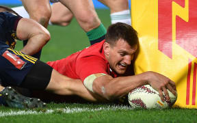 Lions captain Sam Warburton scores a try during the rugby match between the Otago Highlanders and British and Irish Lions at Forsyth Barr Stadium in Dunedin.
