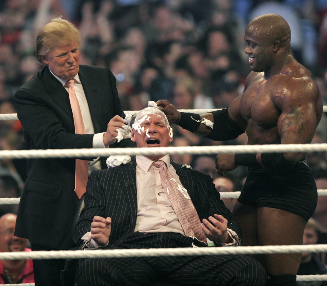 WWE chairman Vince McMahon has his head shaved by Donald Trump after losing a bet in the Battle of the Billionaires at Wrestlemania in 2007.