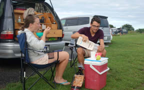 French visitor Anne-Laure Tusseau eating breakfast with her travelling companion.
