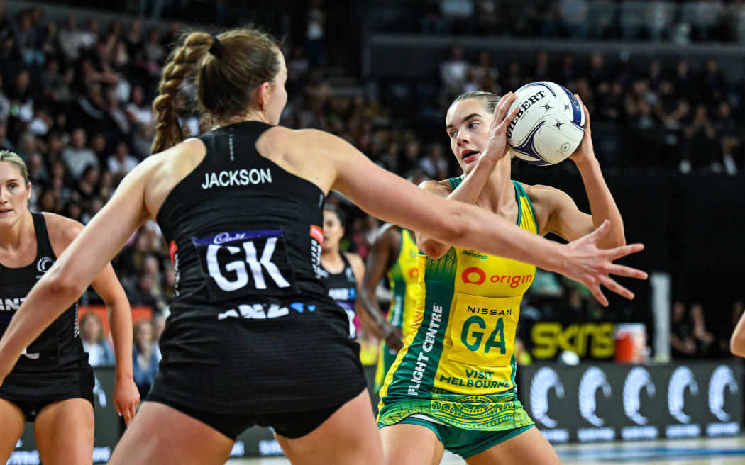 Sophie Dwyer of Australia.
New Zealand Silver Ferns v Australia Origin Diamonds Constellation Cup netball match at Spark Arena, Auckland.