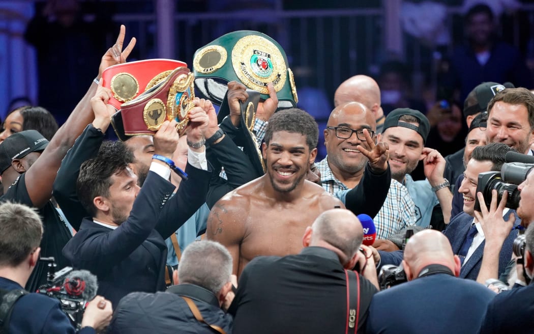 "Clash On The Dunes" Anthony Joshua celebrates after beating Andy Ruiz.