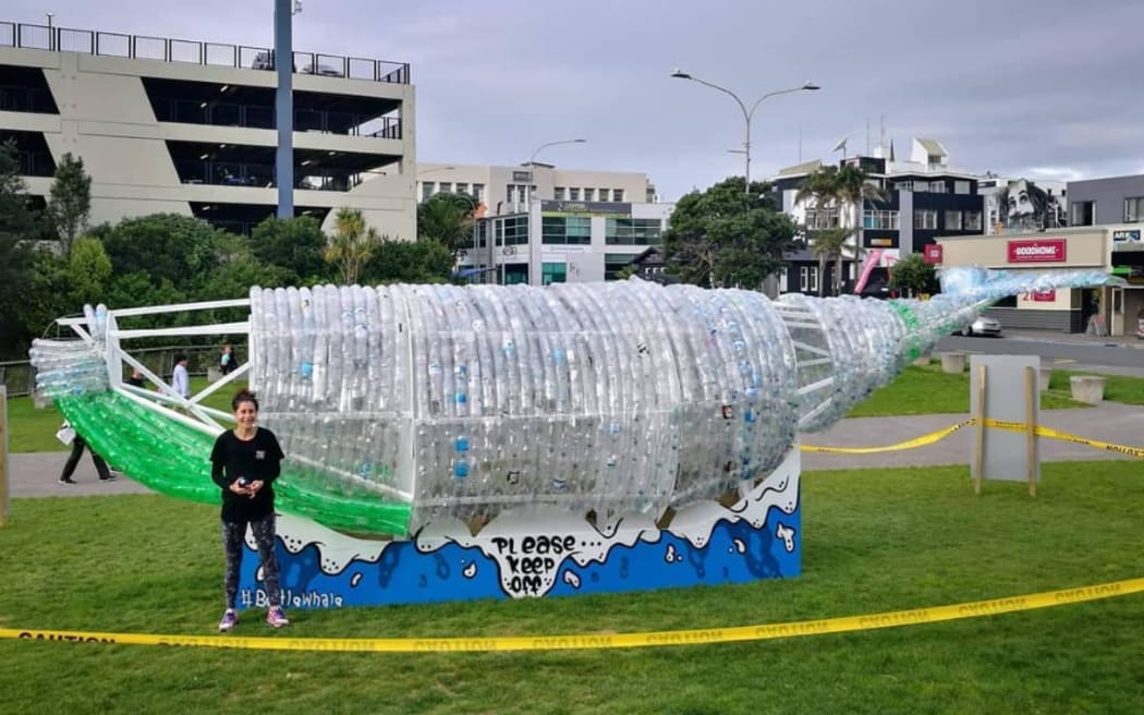 Plastic campaigner and artist Lorella Doherty in front of her public artwork