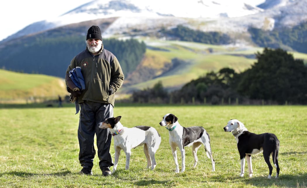 A partipicant and his three dogs at the Sheep Dog Trial Championships in Greenvale, Southland.