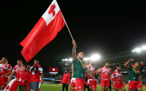 Tonga celebrate their rugby league win over Australia