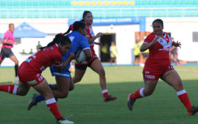 All hands on deck - Tonga putting in defence against Samoa at the Pacific Games in Solomon Islands. FT score Tonga 18 - 0 Samoa.