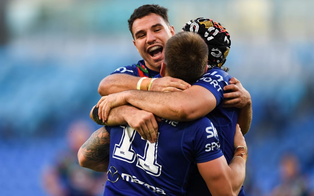 Euan Aitken celebrates his try, Sharks v Vodafone Warriors, NRL rugby league, round 21. Cbus Super Stadium, Gold Coast, Australia. 7 August 2021.