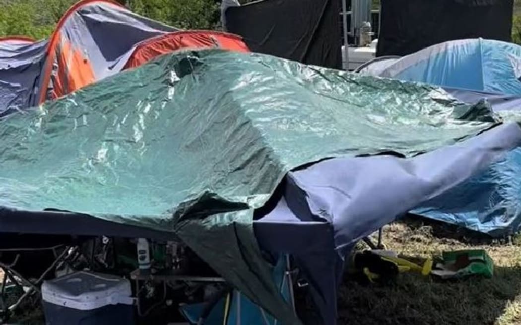 Tents abandonned after the 2023/24 Northern Bass music festival in Mangawhai, Northland.