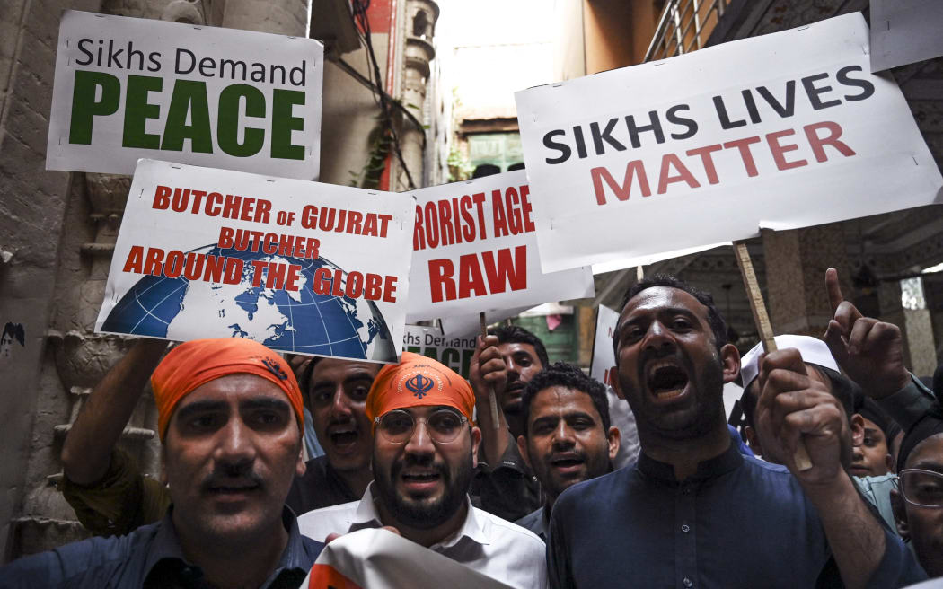 Members of Pakistan's Sikh community take part in a protest in Peshawar on September 20, 2023, following the killing in Canada of Sikh leader Hardeep Singh Nijjar. India on September 19 rejected the "absurd" allegation that its agents were behind the killing of a Sikh leader in Canada, after Prime Minister Justin Trudeau's bombshell accusation sent already sour diplomatic relations to a new low. (Photo by Abdul MAJEED / AFP)