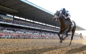 Jockey Jose Ortiz and Tapwrit riding to victory at the Blemont Stakes.