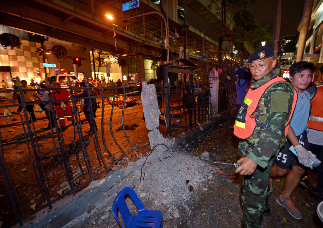 The scene of a bomb explosion outside a religious shrine in central Bangkok late on August 17, 2015