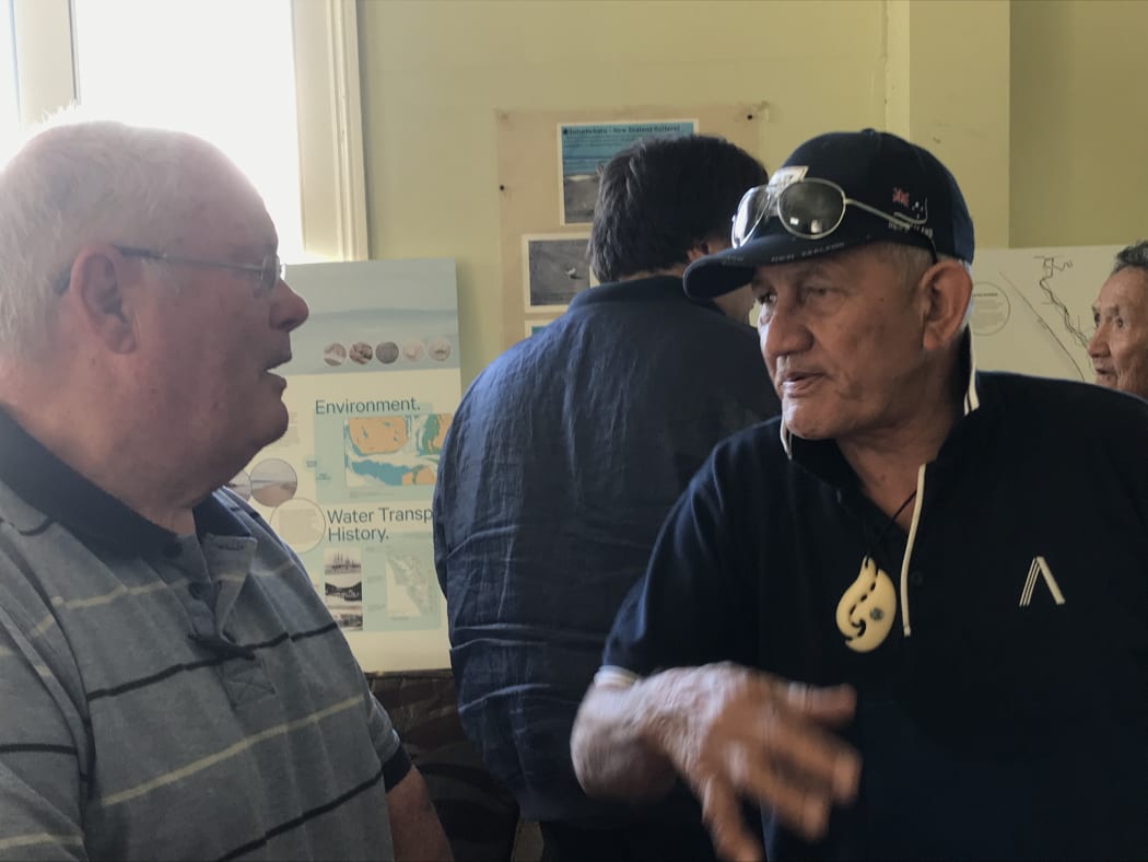 Pōuto retiree Kenny Righton (left) and Ben Hita (Ngāti Whātua) Waikāretu Marae kaumātua at the meeting.