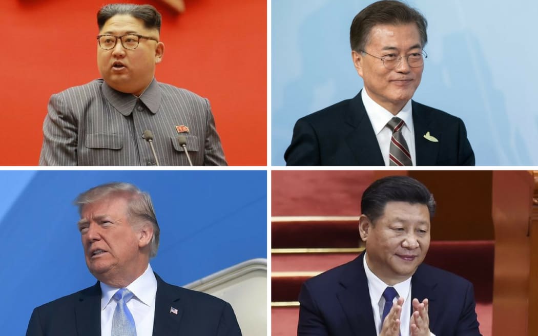 (Clockwise from top-left) North Korean leader Kim Jong-un, South Korean president Moon Jae In, Chinese President Xi Jinping, US President Donald Trump.