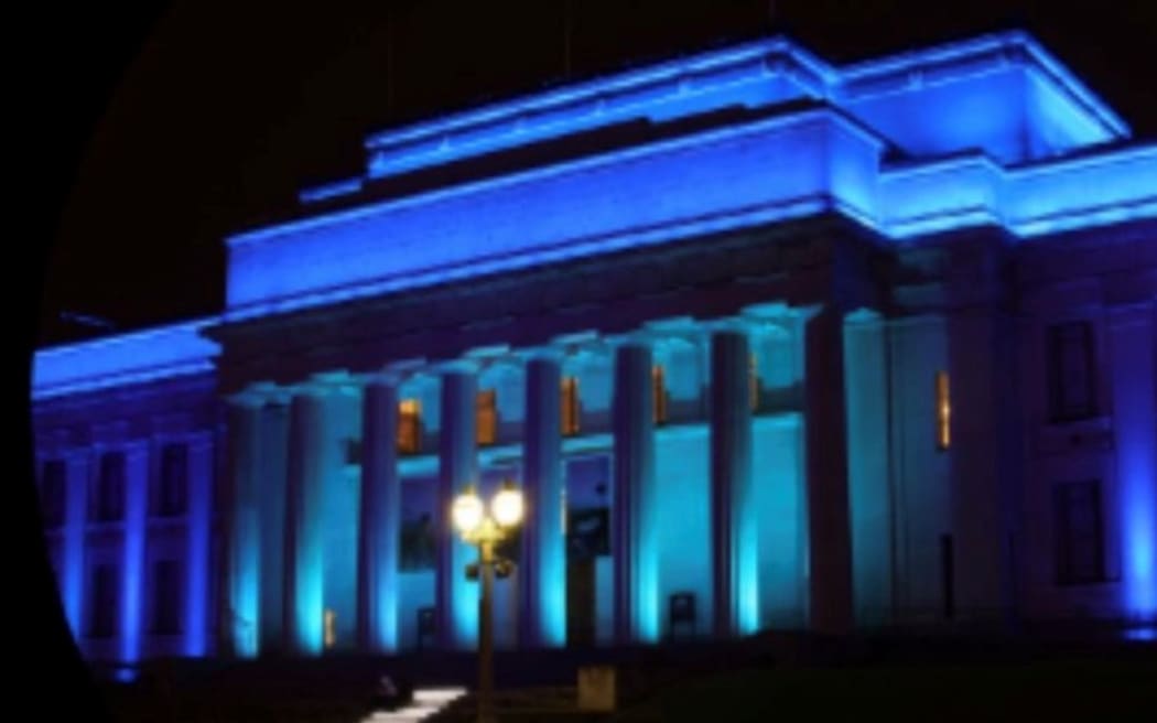 Auckland Museum lit up blue and white on Sunday night in support of Irael, sparking a protest by Palestine supporters and calls for an apology.