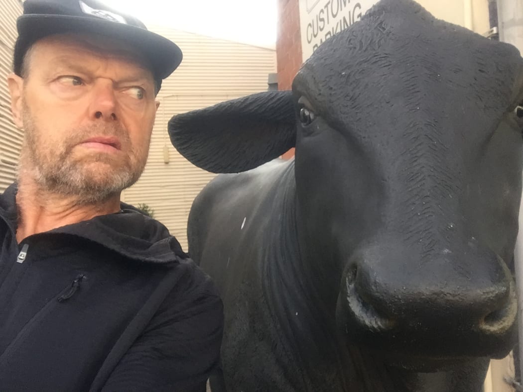 Bruce goes eye to eye with a replica bull in the town of Bulls.