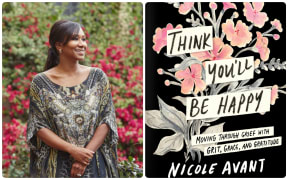 On the left hand side author Nicole Avant stands in front of a large bush with red flowers. She wears a long flowing dress. On the right hand side is the cover of her book "Think You'll Be Happy". It has the title in black capitals which look as though they are hand written on masking tape. Behind that is a pink boquet of flowers. The background is black.