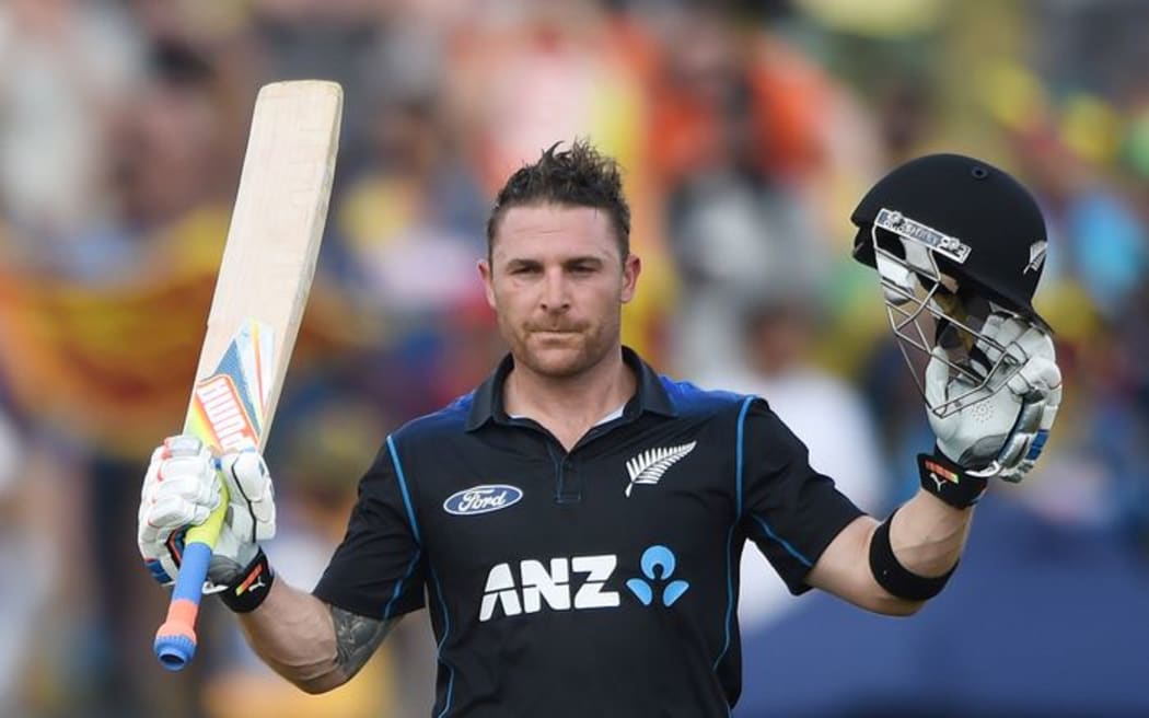 Black Caps' Brendon McCullum celebrates scoring a century.