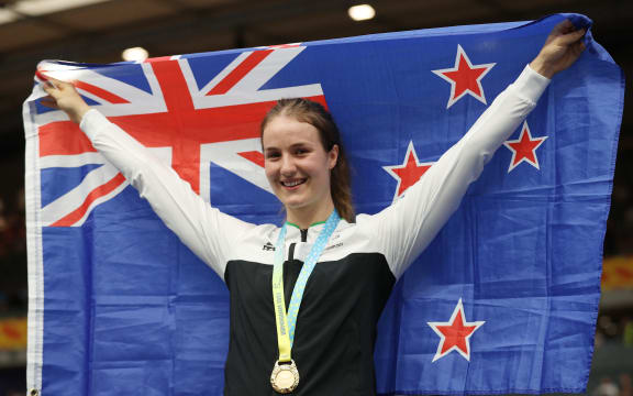 Ellesse Andrews at the medal presentation ceremony for the women's keirin cycling event at the Commonwealth Games, at Lee Valley VeloPark in east London, on August 1, 2022.