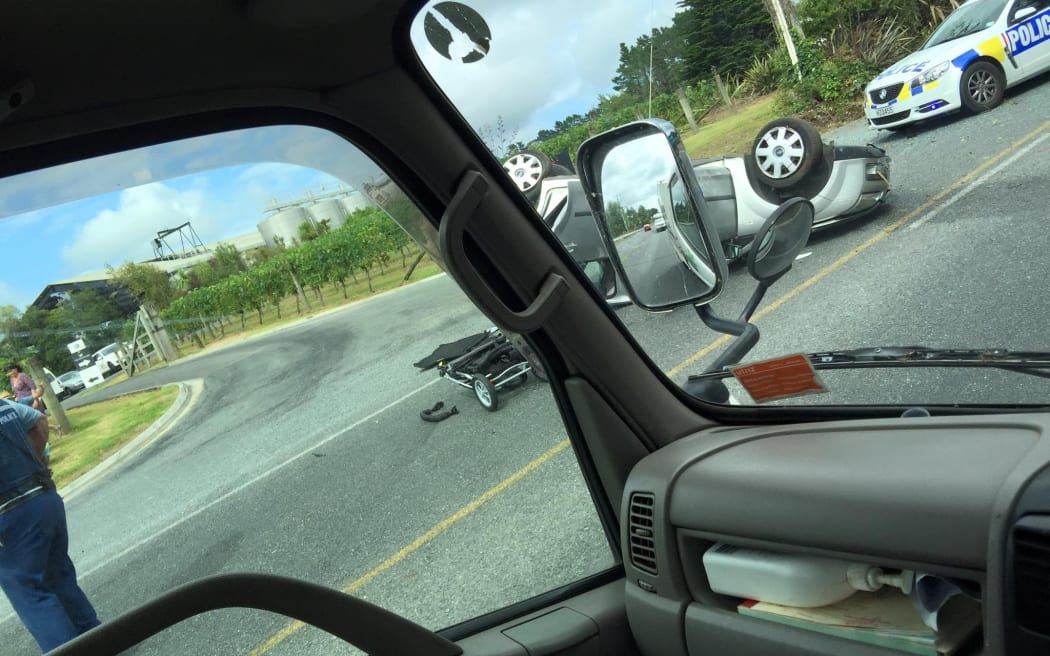 The car ended up on its roof after the crash.