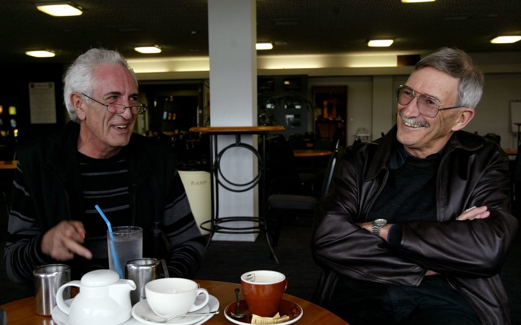 David Gapes, left, and Denis O'Callahan, the original Radio Hauraki "pirates". The Auckland based radio station is about to celebrate the 40th anniversary of its first illegal broadcast from the ship Tiri out in the Hauraki Gulf. 
2 October 2006 New Zealand Herald Photograph by Dean Purcell
NZH  7oct06 - SEACHANGE: It has been 40 years since David Gapes, left, and Denis O'Callahan were pirates of the high  seas. PICTURE / DEAN PURCELL