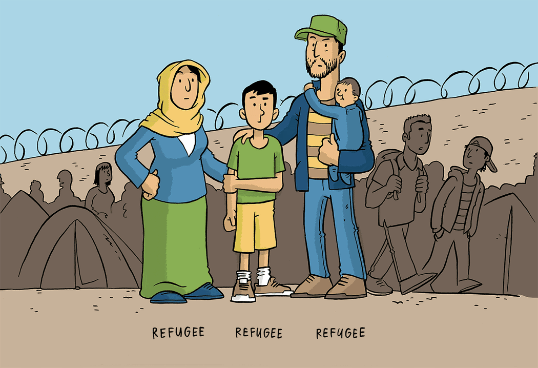 A refugee - or migrant - family stand at a camp, with a series of changing words underneath them reflecting their identity.