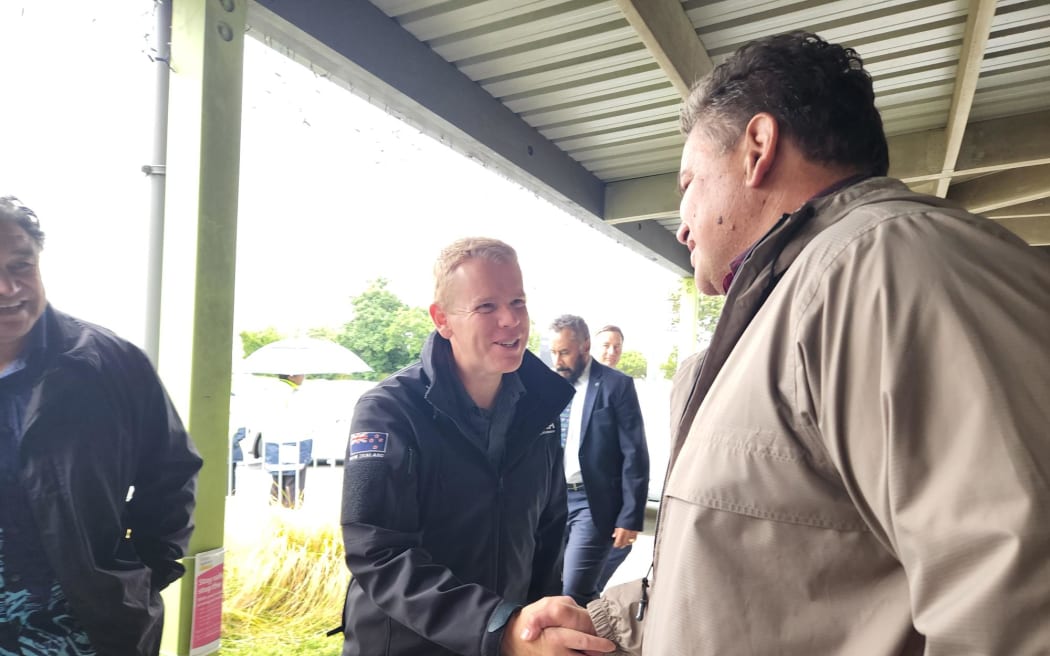 PM Chris Hipkins arrives at Hub West, a community facility in Henderson to see cyclone response