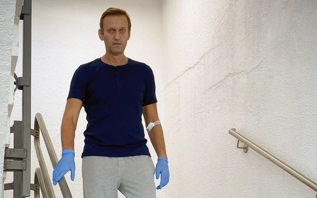 This handout picture posted on September 19, 2020 on the Instagram account of @navalny shows Russian opposition leader Alexei Navalny in Berlin's Charite hospital.